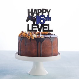 Decoración para tartas de videojuego para decoración de cumpleaños de nivel 16 feliz – Decoración para tartas de video juego de 16 cumpleaños con purpurina – Nivel de jugador 16 decoraciones para tartas de fiesta de cumpleaños desbloqueadas