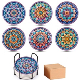 6 posavasos coloridos de mandala: piedra y corcho con accesorios absorbentes para bebidas, mesa de centro, decoración del hogar y la oficina. Único para hombres, mujeres y niños.