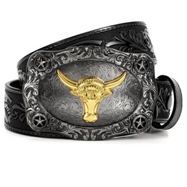 UpFind Women Men Western Belts Engraved Leather Cowgirl Cowboy Belt with Silver Longhorn Bull Buckle for Jeans Dresses