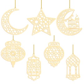 7PCS Ramadan Kareem Wooden Hanging Ornament with Ropes, 3D Hollow Moon Star Wind Light Pendant Decoration, Eid Mubarak Ramadan Crafts for Islamic Muslim DIY Party Home Decoration
