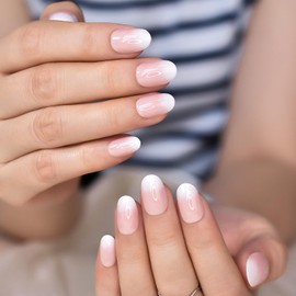 IKISKT French Tips 24 Pcs Press on Nails, Ombre Oval Fake Nails Pink White Gradient False Nails with Designs, Acrylic Artificial Fake Nail Natural Glue on Nails for Women and Girls