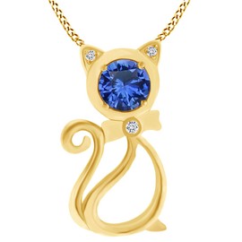 AFFY Round Cut Simulated Blue Sapphire & White Cubic Zirconia Cute Cat Pendant Necklace 14k Yellow Gold Over Sterling Silver