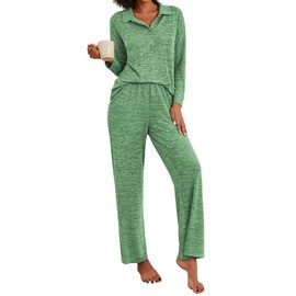 Ekouaer Women's Pajamas Set 2 Piece Knit Long Sleeve Button Down Sleepwear Soft Pjs Lounge Sets Green, Large