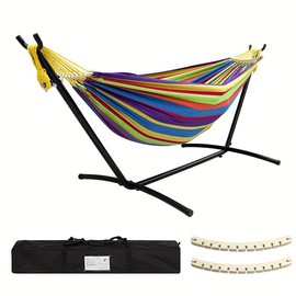 Double Hammock with Stand 450 lbs Capacity Steel Stand, Includes Premium Carry Bag and Two Anti-Tilt Balance Bars - Colour: Tropical