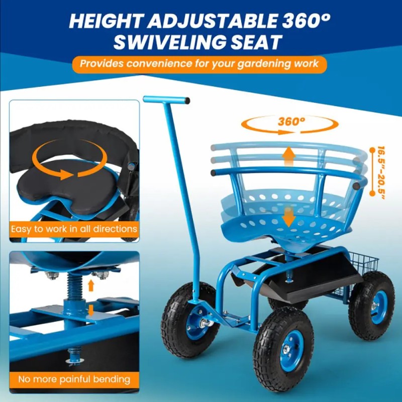 1pc Height Adjustable Swivel Seat Rolling Garden Cart with Storage
