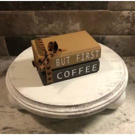 Decor Farmhouse Books, But First Coffee, Mini Wooden Book Stack, Tiered Tray Decor