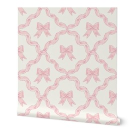 Peel & Stick Wallpaper Swatch - Pink Bow,Ribbon Trellis,Pastel Baby Pink,grandmillennial,Chinoiserie Custom Removable Wallpaper by Spoonflower