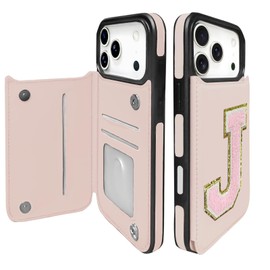 TopPerfekt for iPhone17 Pro Max Case Wallet with Card Holder, Military-Grade Drop Protection, Flip PU Leather Built, Initial Chenille Letter Suture Double Magnetic Clasp for iP17 PM 5G 2025 - Pink, J