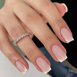 LANYOS 24PCS Press on Nails Short，Fake Nails with Nail Glue, Square False Nails Acrylic Nails Glue On Nails for Women Girls (French Ballet White)