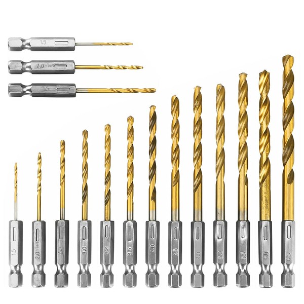 Saipor 16-Piece Hex Shank Titanium Coated HSS Drill Bit Set