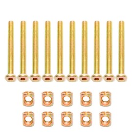 Lilaly 10 Set M6 x 60mm Barrel Nut and Bolt Set, Gold, Galvanized, Hex Head, Hex Shaft, Carbon Steel, Universal Furniture Hardware Kit