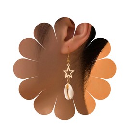 Yienate Boho Shell Earrings Vintage Gold Star Shell Dangle Earrings Statement Cowrie Shell Hook Earrings Summer Beach Shell Earrings Jewellery for Women and Girls, Zinc, No Gemstone