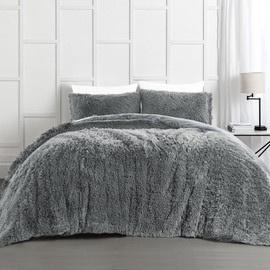 HOMBYS Oversized King Faux Fur Fluffy Comforter Set 120x120, 3 Piece Shaggy Plush Velvet Bedding Thick Comforter with Shams, Extra Soft and Warm,Light Grey