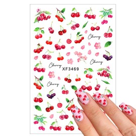 6 Sheets Summer Fruit Nail Art Stickers Cute Rabbits Nail Sticker Bow Nail Design 3D Self-Adhesive Cherry Strawberry Nail Decals Nail Supplies for Women and Girl Acrylic Manicure Decoration