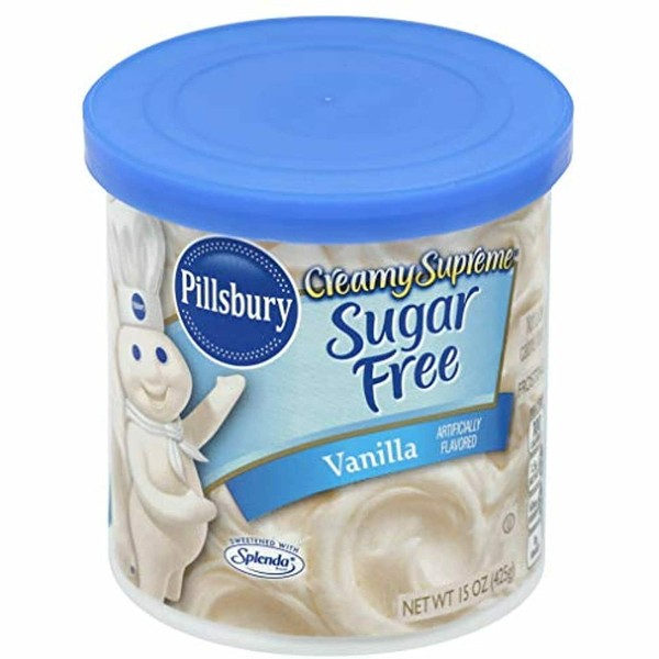 Pillsbury Creamy Supreme Vainilla Sugar Free / Vainilla Sin Azúcar / Vainilla Gluten Free / Sin Gluten/ Crema para pastel / Betún para Pastel Sin Azúcar / Endulzado con Splenda / 15 onzas / 425 gramos