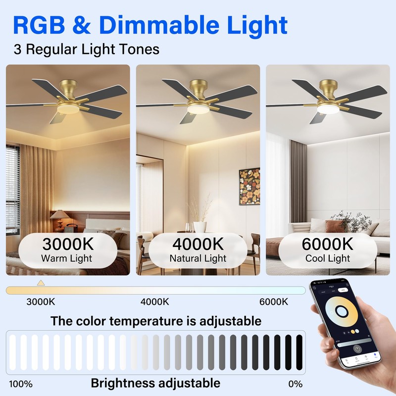 42 Inch Ceiling Fans with lights,RGB Low Profile Ceiling Fan