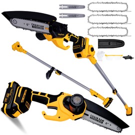 MoJoTools 2-in-1 Cordless Mini Chainsaw & Pole Saw – 15FT Extendable Tree Trimmer | 20V Battery-Powered, Lightweightv,Gift for Dad Husband & Safe Garden Tool for Pruning & Wood Cutting