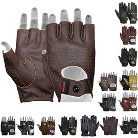 MRX BOXING & FITNESS Mens Driving Gloves Basic Soft Goat Leather Fingerless Breathable Biker Motorcycle Riding Cycling Shooting Gloves Half Finger Brown Button (Large)
