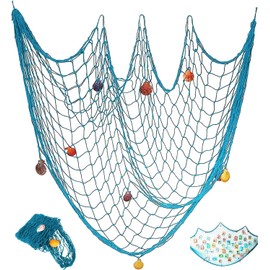 YSTrillion Fish Net Décor Blue, Fishing Net Decoration, Seashell Decorative Fishing Net in Mediterranean Style with Coloured Shells for Home Decoration, Themed Bar, 100 x 200 cm (Green)