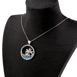 LQRI Tropical Beach Jewelry CZ Palm Tree Pendant Necklace Hawaii Bridal Beach Wedding Jewelry Bridesmaid Gifts (Palm tree N blue)