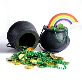 112 Pcs St. Patrick's Day Decorations Set, Black Mini Candy Cauldron Kettle Pot of Gold Buckets, Green and Gold Lucky Shamrock Plastic Coins Bead Necklace Rainbow for Irish St Patrick Day Party Favor