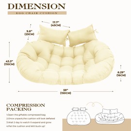 lihtsofty Double Egg Chair Cushion Replacement 59x43in -Thickened Waterproof Removable Double Hanging Egg Chair Cushions, Swing Chair Cushion, Outdoor Patio Hanging Basket Chair Cushions,Beige