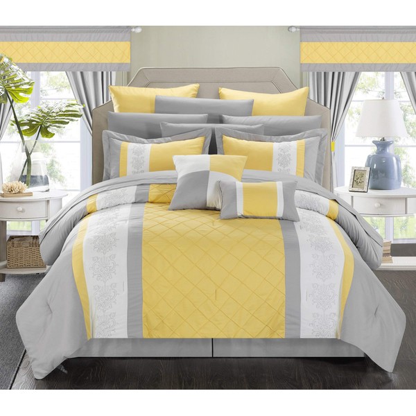 Chic Home CS5270-AN 24 Piece Danielle Complete Pin Tuck Embroidery Color Block Bedding, King, Yellow