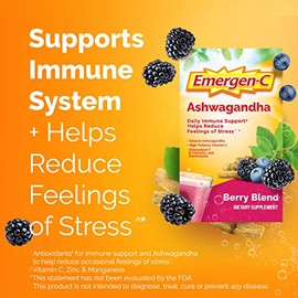 Emergen-C Vitamin C Ashwagandha Drink Mix, Dietary Supplement for Immune Support, Berry Blend, Back to School Essentials - 18 Count