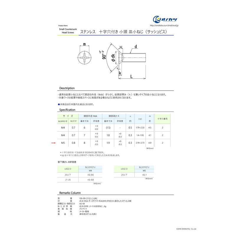 Onokatsu, Cross Hole, Small Head Countersunk Machine Screws, Stainless Steel,