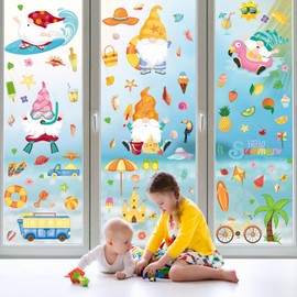 9 Sheets Hello Summer Window Stickers, Cartoon Gnome Beach Fruit Large Window Clings Decals, Removable Stickers Decorations for Summer Party Home Glass Indoor Outdoor Store School Bedroom