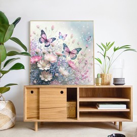 5D Diamond Painting Set - Butterflies and Flowers, DIY Diamond Painting Pictures for Adults and Children, Round Full Drill Diamond Art Painting Embroidery Set, Beginner-Friendly, Wall Decoration (30 x