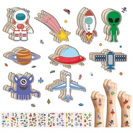 IOSPKKIO® 27 Pieces Unfinished Wooden Cutouts for Space Wooden Crafts Planes Stars Wooden Pieces for Kids Home Decoration Ornament DIY Crafts