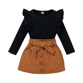 DUBASAM Trendy Kids Toddler Baby Girl Fall Outfit Ruffle Long Sleeve Knit Blouse Pullover Top Mini Skirt with Belt Clothes (Black, 6-12 Months)