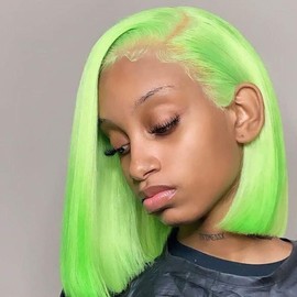 Dorabeauty Short Bob Wigs Color Green Human Hair Lace Front Wigs for Black Women 130% Density 14" Inch Pre Plucked Hairline with Baby Hair