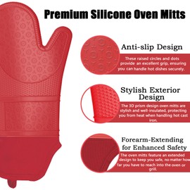 Oven Mitts with Heat-Resistant Hot Pads and Five Silicone Spatulas Designed for Kitchen Baking Cooking, Oven Glove Soft Cotton Lining, Waterproof, BPA-Free (Red, 15.7)