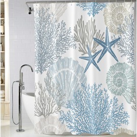 BIVINAR Long Nautical Starfish Seashell Coral Shower Curtain 72 x 78, Ocean Themed Shower Curtains for Bathroom, Waterproof Fabric Coastal Shower Curtain with 12 Hooks