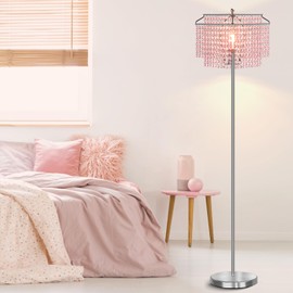 Luvkczc Crystal Floor Lamp, 64" Tall Modern Standing Lamps with Double-Layer Lampshade, Floor Lamps with On/Off Foot Switch, Pink Pole Lamp for Living Room, Girl Bedroom, Dresser, Office
