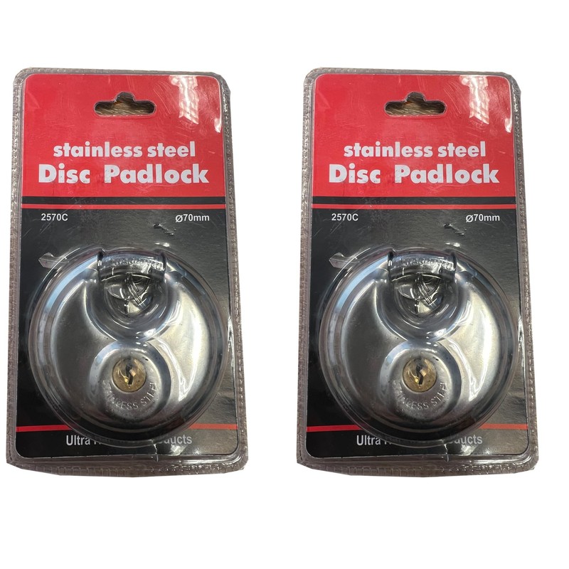 UvV 2 x Discus Padlock, Round Shackle Lock, Diameter 70