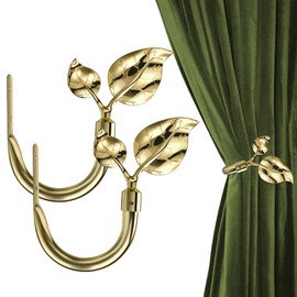 HIKMLK Leaf Shaped Curtain Holdbacks 2pcs, Handmade Metal Curtain Side Holders for Wall, Bright Gold Curtain Tieback Hook Pull Backs for Drapes Window Home Decoration (Gold)