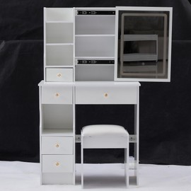 ROCKRAIN 29.2" Small Vanity Table: White MDF American Design with LED Mirror & Stool - Tri-Color Adjustable Lighting for Little Girls - Compact Makeup Dressing Set for Small Bedrooms