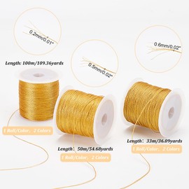 PH PandaHall 3 Size Metallic Cord, 400 Yards Tinsel String Thread Gold Silver Jewelry Thread Tag Cord for Craft Jewelry Making Christmas Ornament Hanging Decoration（0.2mm/0.5mm/0.6mm）