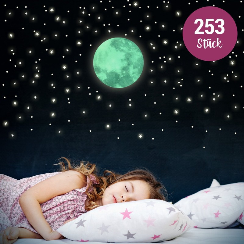 WANDKINGS Luminous Stickers Moon in Set with 250 Stars –