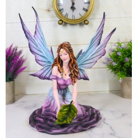 Ebros Gift Large Whimsical Purple Rose Fairy With Large Leaf Kneeling On Flower Figurine