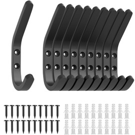 GWAAZXGZ Wall Hooks for Hanging Coat - Black Double Hooks with Max Weight Capacity of 50 LB, Suitable for Bathroom, Entryway and Closet, Coat Hooks Wall Mount, 10 Pack