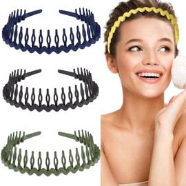 3 Pcs Plastic Tooth Headband Cirls Headbands,Plastic Hair Tooth Headband for Women Girls Black Wavy Hair Band Bands Adult Women's Tooth Comb Headbands (Dark black and blue-green, 15 * 25 * 3.5)