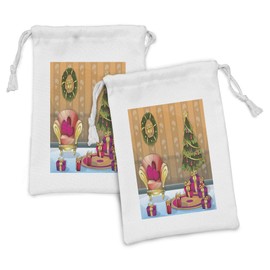 Ambesonne Christmas Fabric Pouch Set of 2, Happy Noel Themed Cartoon of Room with Seat Flourish Tree and Gift Boxes, Small Drawstring Bag for Toiletries Masks and Favors, 9" x 6", Multicolor