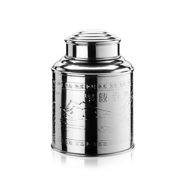 Tea Caddy Tin with domed lid, stainless steel with embossed