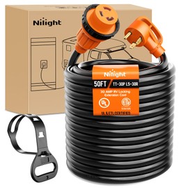 Nilight 30 Amp 50FT RV Locking Extension Cord 125V Heavy Duty 10 Gauge Pure Copper STW Wire ETL Listed 3 Prong TT-30P L5-30R 30F/30M Weatherproof Suit for Camper Trailer