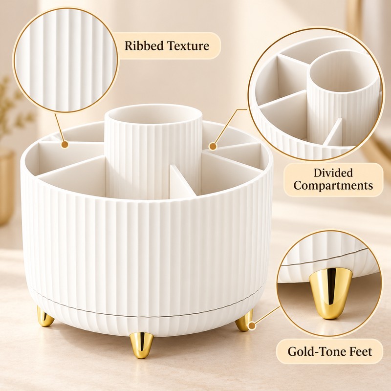 360° Rotating Makeup Organizer for Vanity – Multi-Compartment Cosmetic Storage