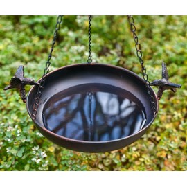 CaliDecor Hanging Bird Bath Feeder for Outdoor, 23" H Metal Birdbath with Cast Iron Bird Decor, Vintage Tray for Garden Yard Patio, Brown